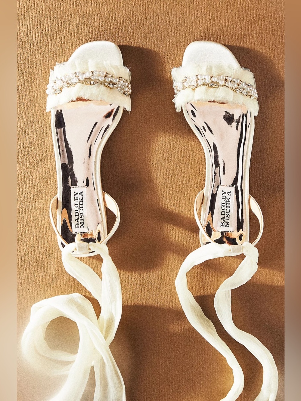 BADGLEY MISCHKA Talia Flat Cream Crystal Tie Sandals Shoes Flats Wedding 8 Party